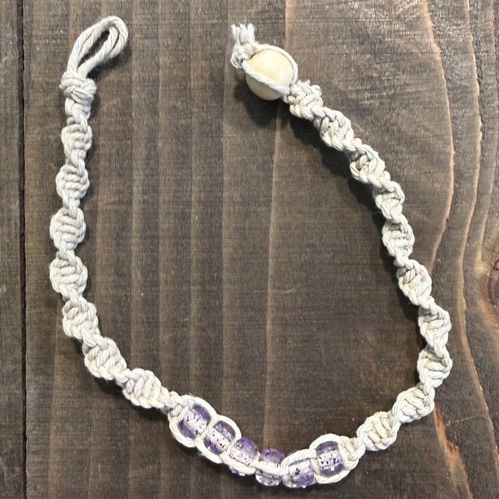Boho Hemp Macrame Anklet Bracelet Purple Glitter Beads Wood Button Closure
